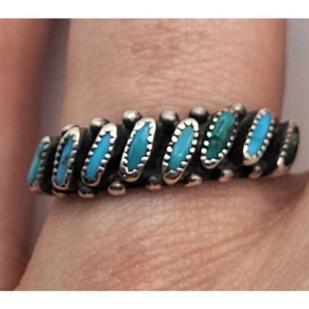 Vintage Native American Marked Sterling Silver Turquoise Band Ring Size 6.50 - Picture 2 of 6